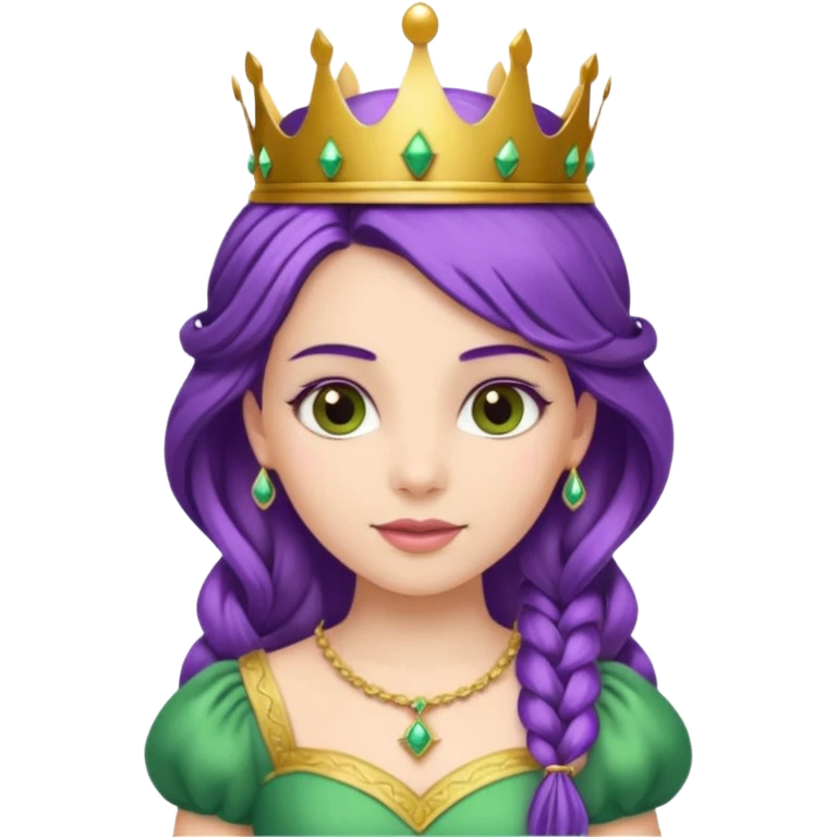 Princesses, with Gold Crown on purple braid hair, with green dress emoji