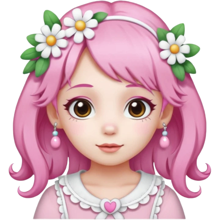 A girl with pink and white hair, adorned with flowers as hair accessories, wearing My Melody clothing. emoji
