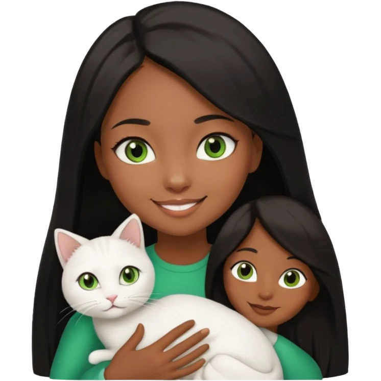 black girl with brown eyes with straight long black hair with a side part.  holding a female white cat with green eyes emoji