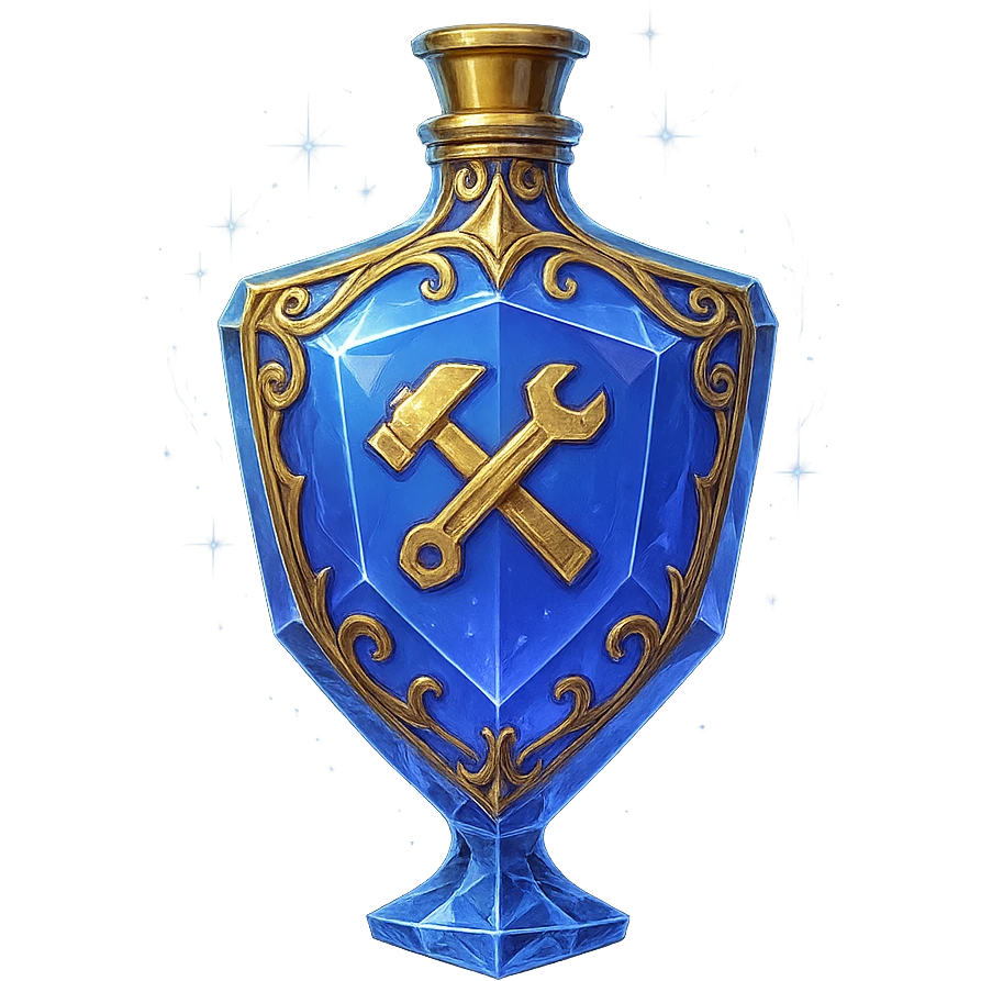 crystal luxurious elixir bottle in shield shape, color #7986cb, with 🛠 symbol on the bottle, lots of shining, edges, ornaments, golden details, magical effects, very small golden neck, transparent background, beautiful seamless bottom, bottle clearly floating in air, no base or shadow, very luxurious, modern, matching a collection emoji