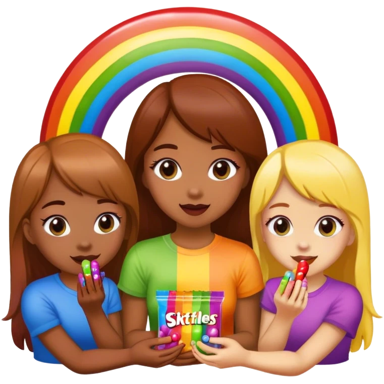 Girls t on a rainbow eating skittles emoji
