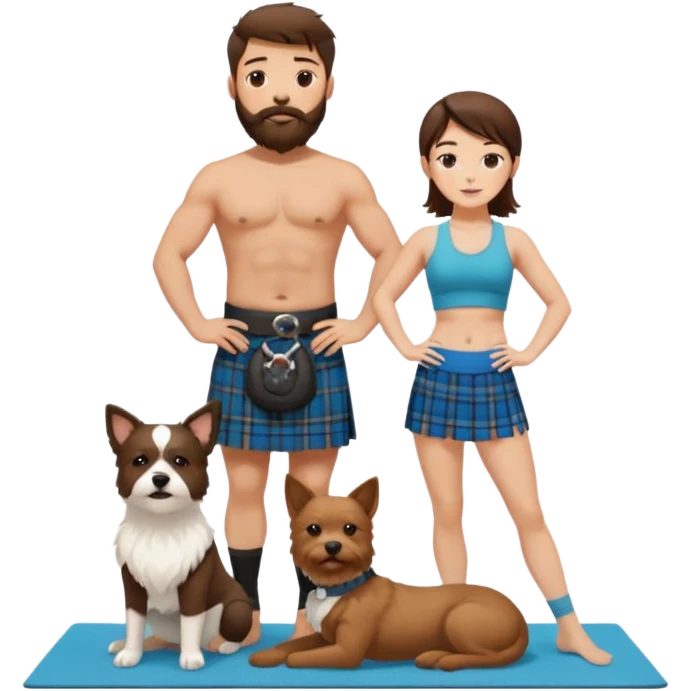 emoji of brunette man with beard wearing kilt, brunette woman in yoga outfit and one white fluffy dog emoji