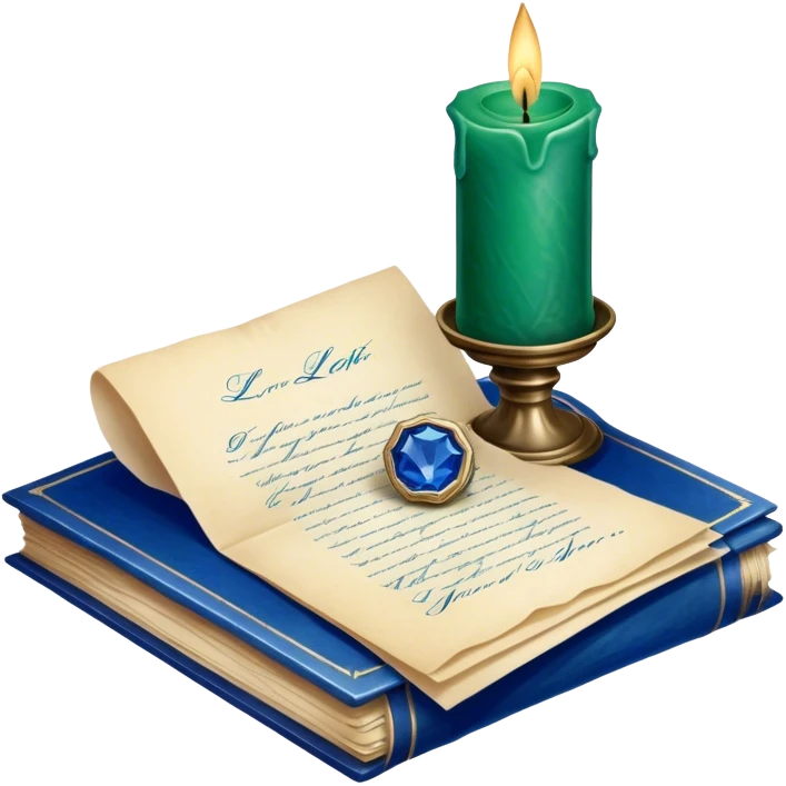 A charming still life of a love blletter sealed with a deep green wax stamp, placed beside a vintage glass candle in sapphire blue. emoji