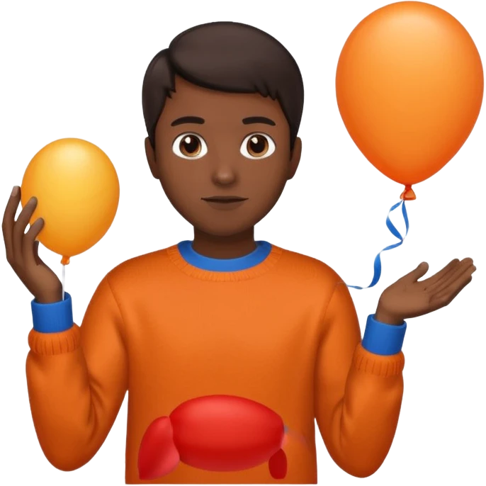 dark brown skin, orange sweater, hold blue balloon emoji