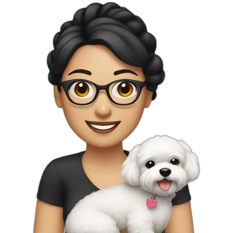 woman-black hair-bun-with glasses-with bichon dog-white-smile emoji