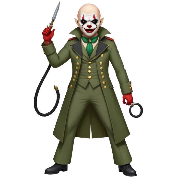 evil clown, bald, black horns on forehead, fangs, pointed ears, eye patch over one eye, long coat over black and military green leisure suit with bellbottom pants, tail, holding a different style of whip, realistically proportioned, less bulky, full body, battle-ready, fighting posture emoji