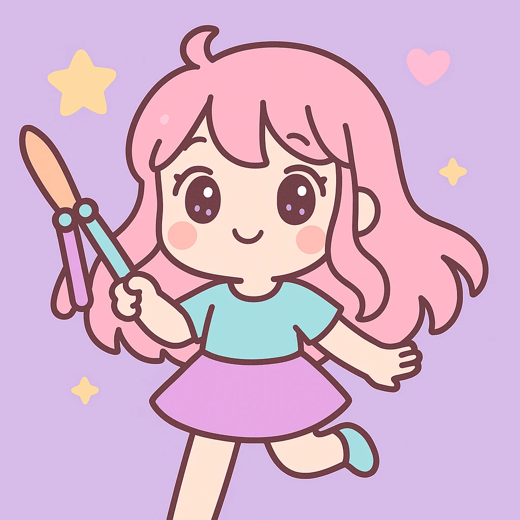 Add a lilac background behind the cute anime girl happily playing with a balisong, keep the kawaii style. emoji