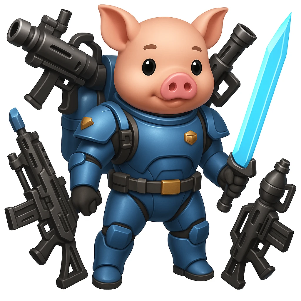 Add more sci-fi weapons to the pig Helldiver, such as futuristic rifles, energy swords, or grenade launchers, in the style of emoji (apple style emojis). emoji
