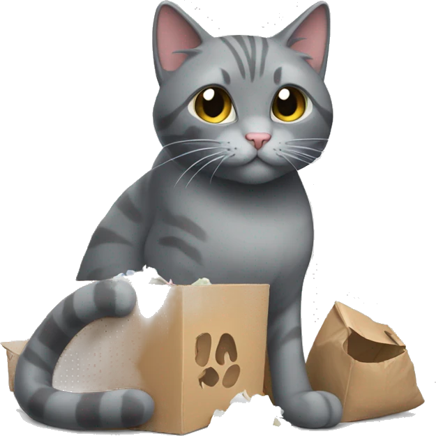 gray cat playing with trash emoji