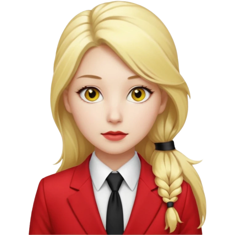 Woman with porcelain white skin, thick blonde hair that's in a thick, long ponytail, has a black tipped nose, yellow scleras, red pupils, and a red suit with a black tie. emoji