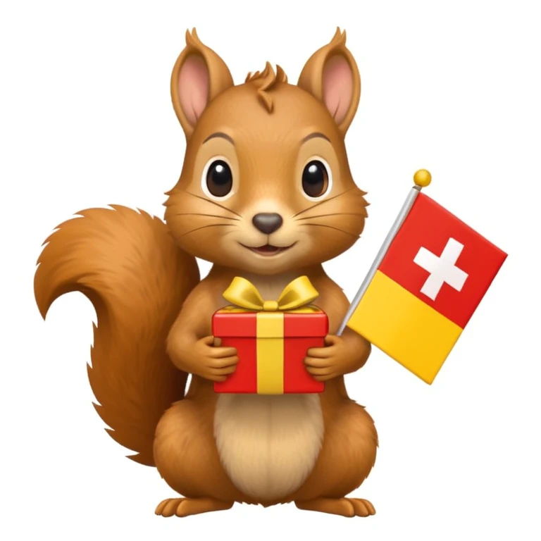 realistic squirrel holding a yellow gift box in one hand and a red Swiss flag in the other, both objects clearly visible, simple white background, the gift is a different color from the flag emoji