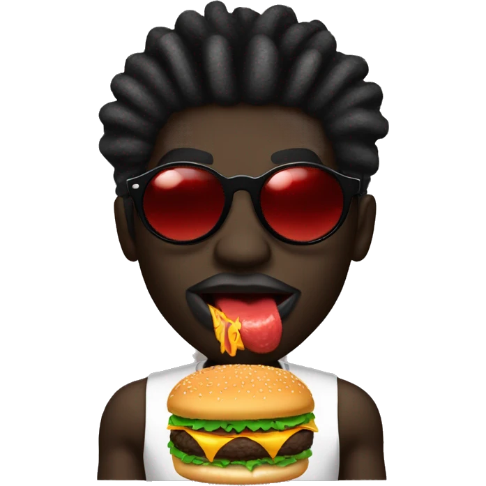 Dark skin black guy with black dreadlocks and big lips and red lip stick with black sunglasses shades on face eating a burger  emoji
