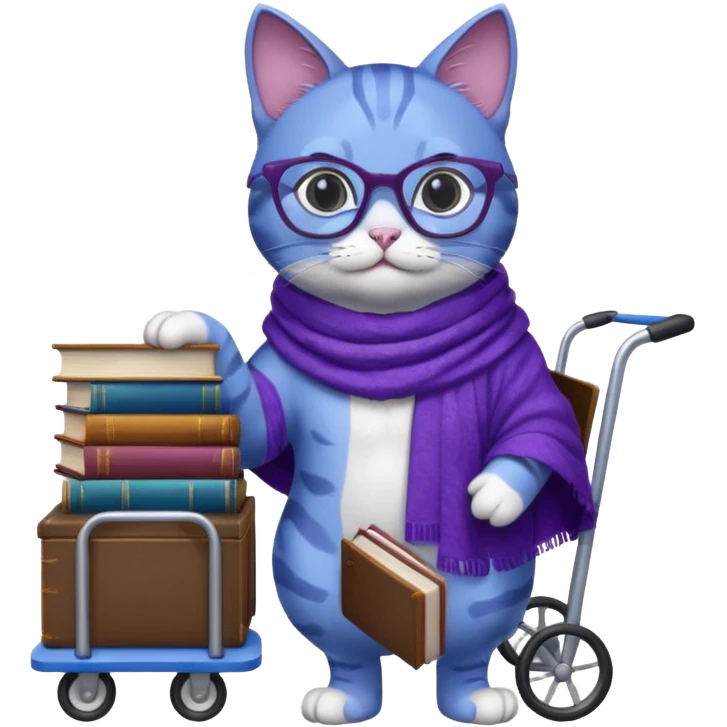 Purple and blue cat with reading glasses and a shawl, standing behind a cart full of books emoji