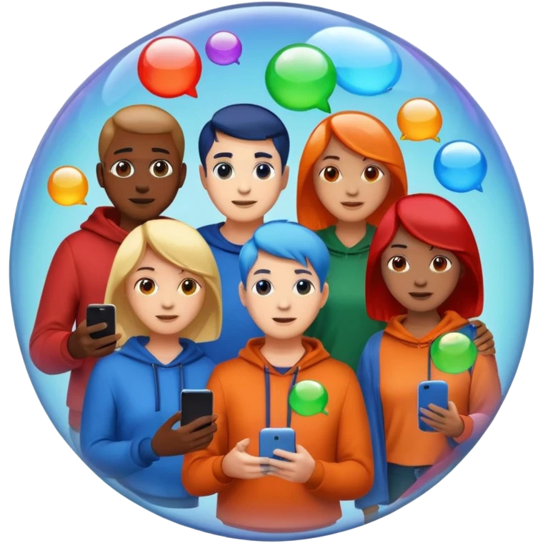 Multiple people inside colorful transparent bubbles (blue, red, orange, green), each using a smartphone or laptop. The people are in casual clothing, and the background is a simple cityscape with soft lighting. Emoji-style, clean and modern design. emoji