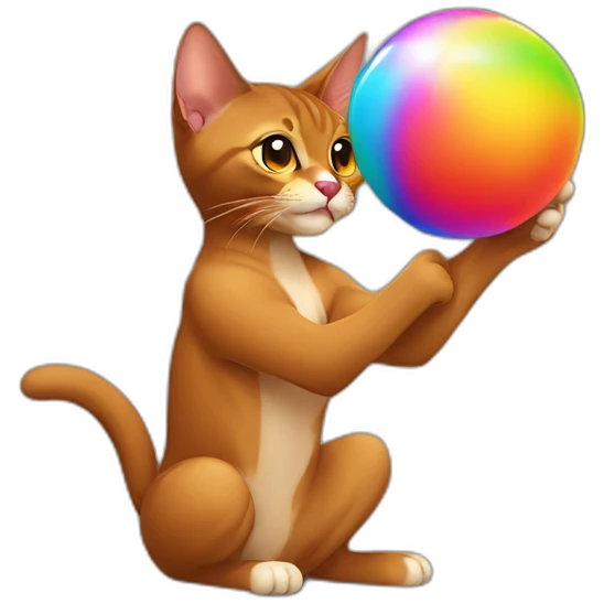Abyssinian cat playing with a colorful fur ball emoji
