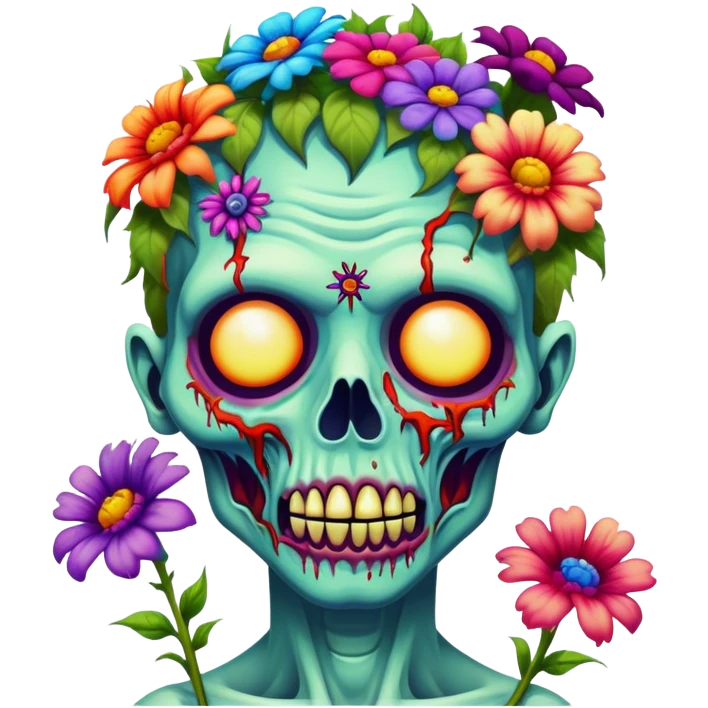 Psychedelic colored hippie style zombie with flowers emoji