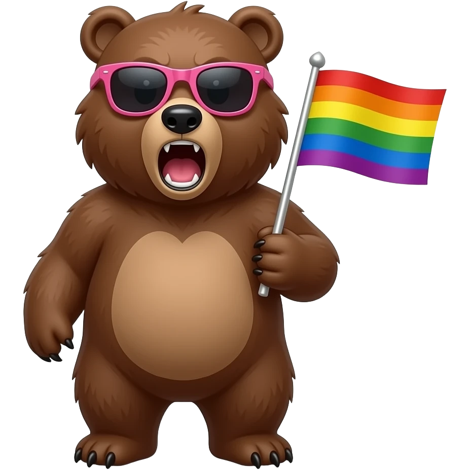 sassy grizzly bear pink sunglasses roar holding pride flag emoji