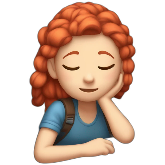 red-haired skinny girl with pigtails sleeping soundly while her friends rock climb outside her window emoji