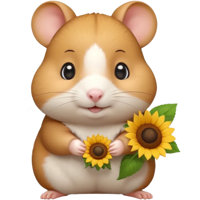 A small 3D cartoon hamster holding a sunflower seed, chubby cheeks, soft brown and white fur, bright eyes, friendly expression, soft warm lighting, Memoji-style. emoji