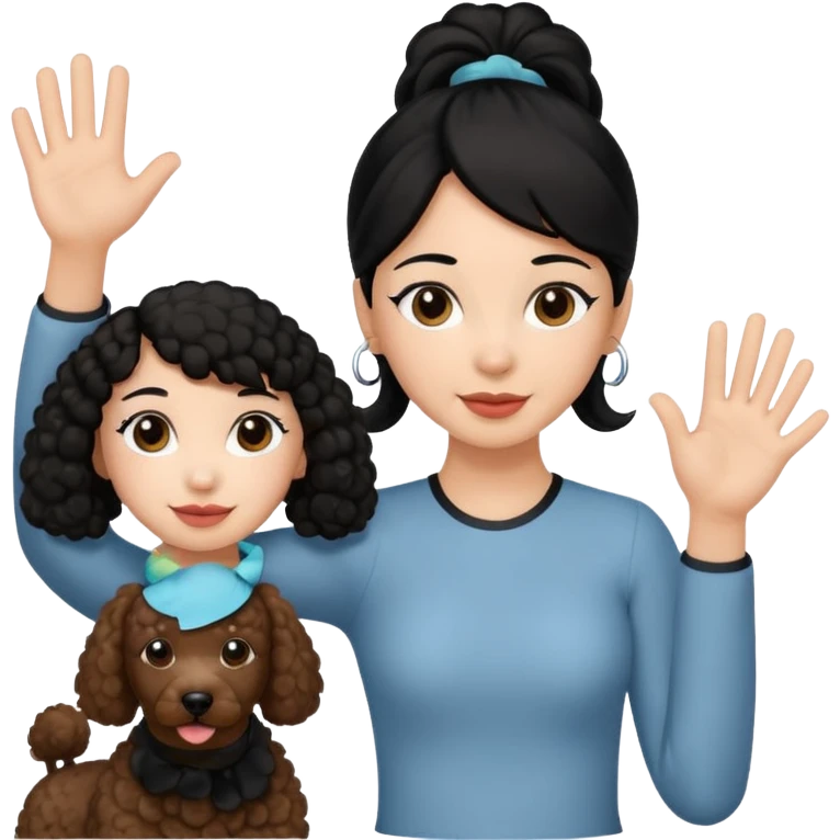 Ponytail black hair girl with brown Poodle say goodbye  emoji