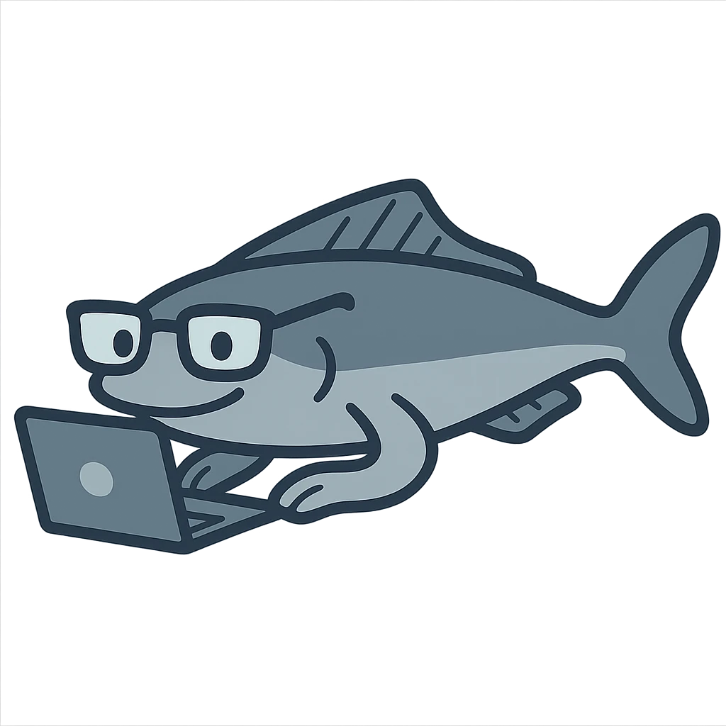 flat toon style remora fish with glasses and a laptop emoji
