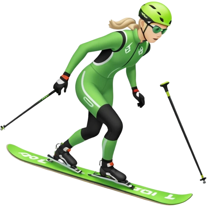 Xc ski racer in green and black clothing. Full body, skate skiing uphill emoji