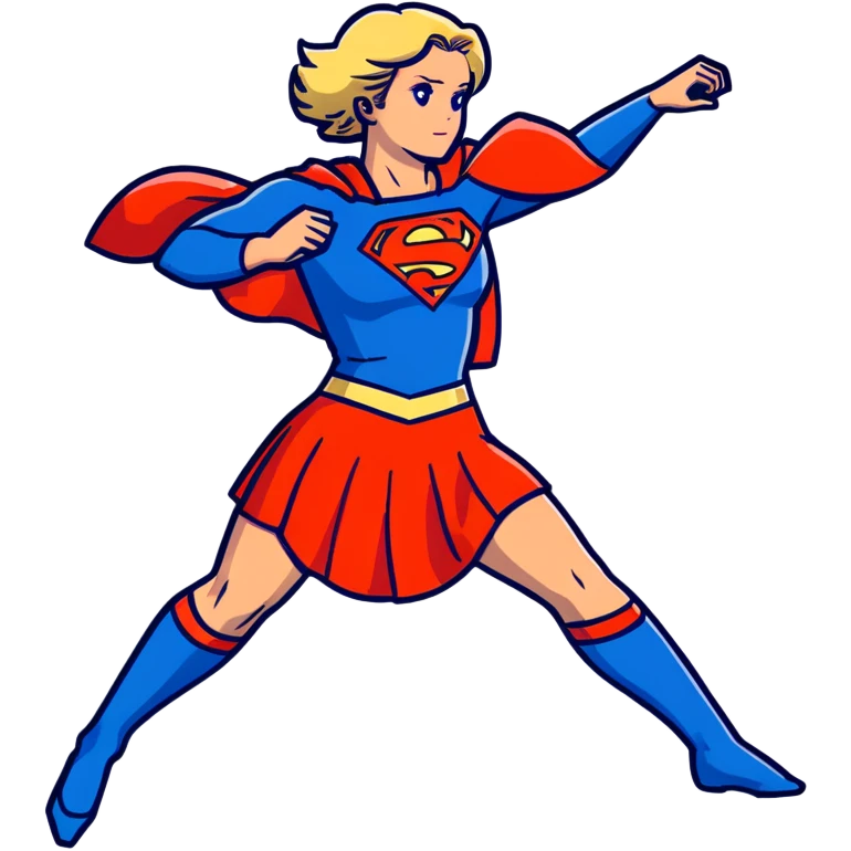 Supergirl in classic costume, full body view showing blue tights, red skirt, and cape with S symbol emoji