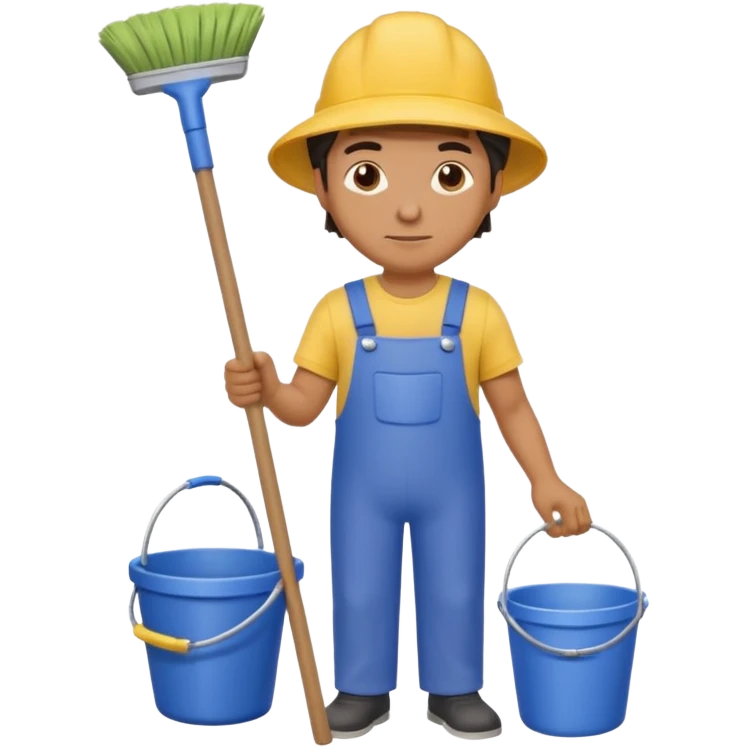 man in cleaning clothes, holding a broom and a bucket emoji