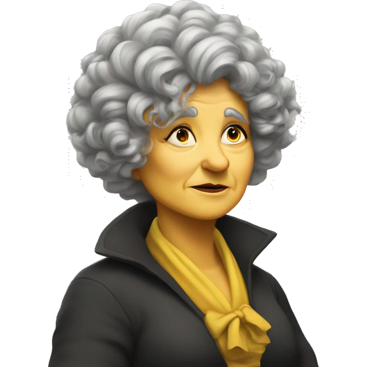 old, curvy woman, hufflepuff, grey and curly and wild hair, madame sprout, not amused emoji