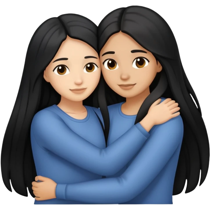 sisters hug, black long hair light medium skin, and tan skin emoji