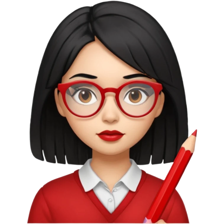 Morena girl with black hair in a pencil that creates a hun hairstyle. She has red glasses emoji