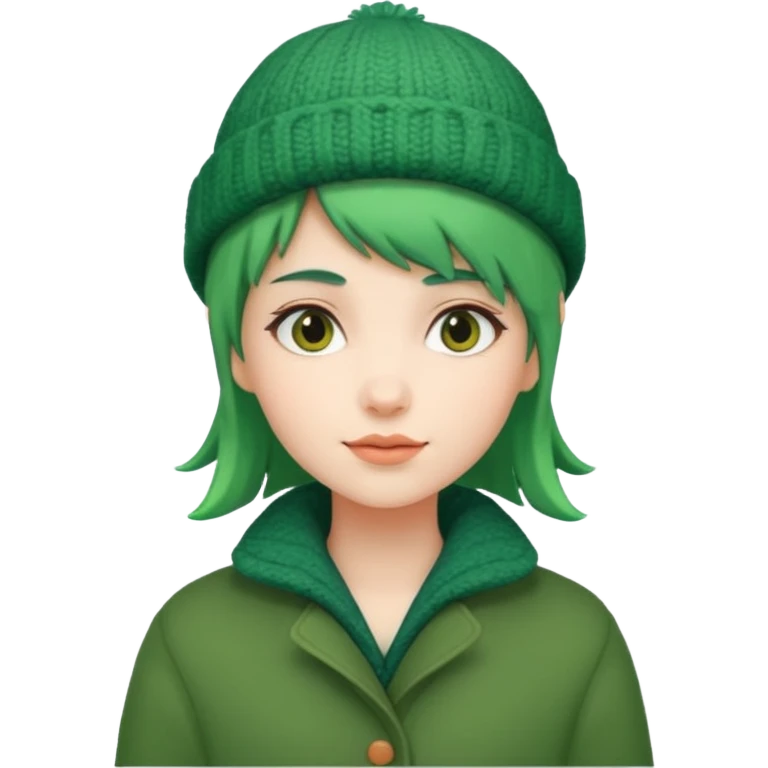 Girl with green hair wearing winter coat and a woolen hat with a relaxed posture and friendly face emoji