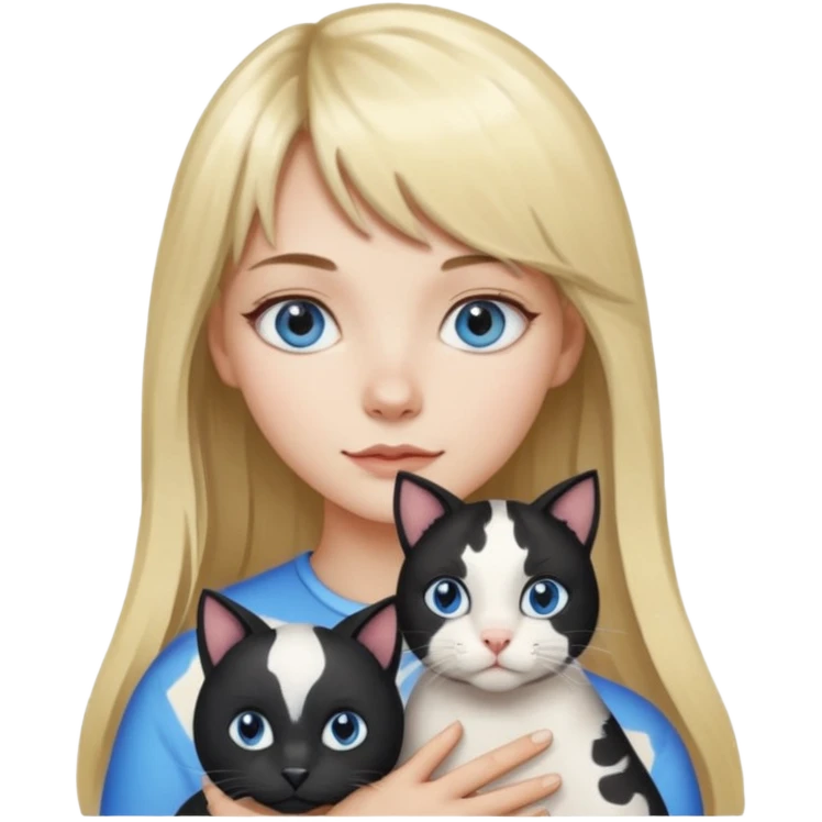 One  cat black and white stain like a cow in the arms of long blond hair girl with bangs and blue eyes emoji