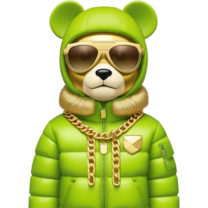 geometric bearbrick in lime balaclava with brand logos, luxurious puffy winter jacket with fur collar, futuristic one-piece shield sunglasses, multiple gold chains, hip hop style emoji