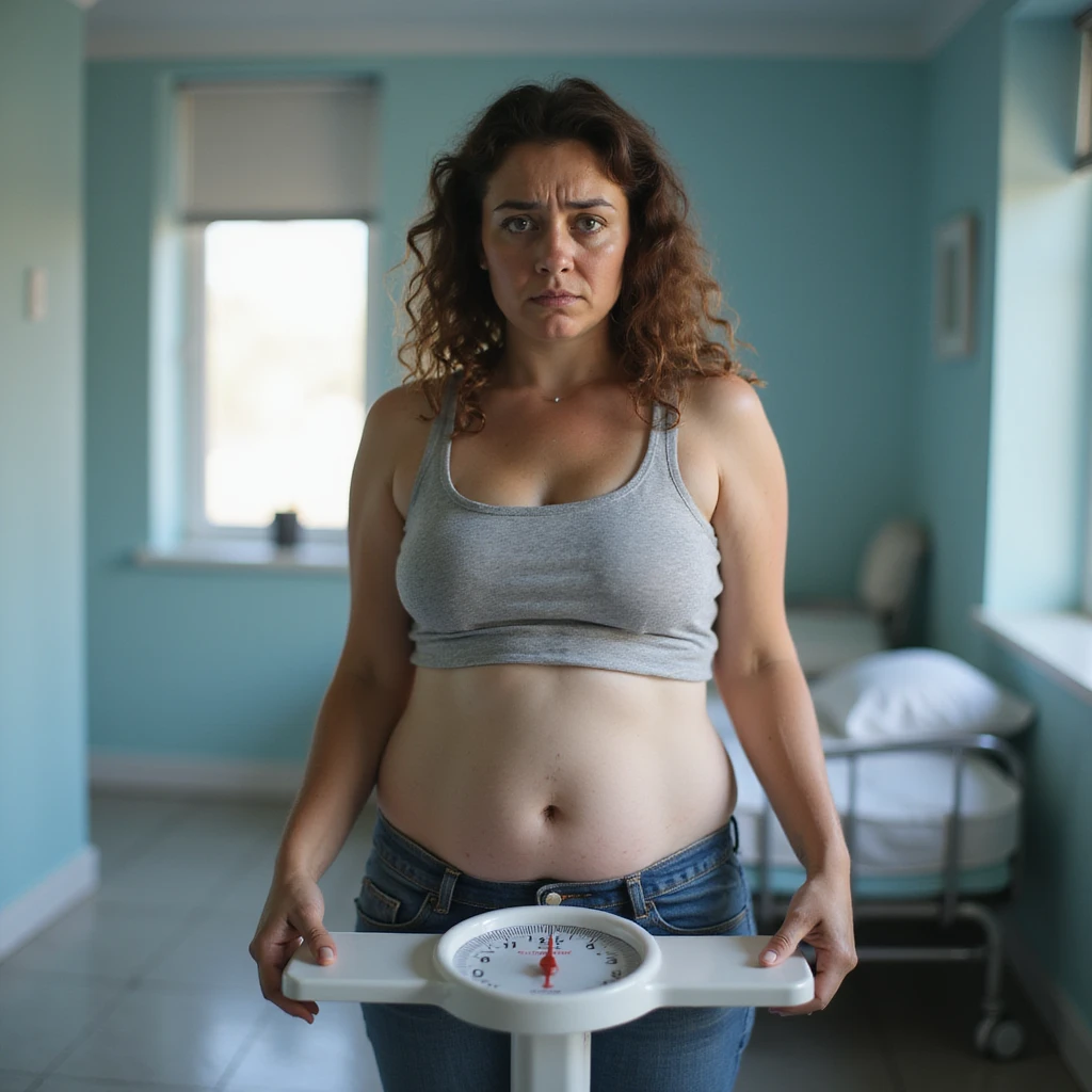 woman with PCOS weighing herself on a scale, worried face, slightly overweight body, clinical environment, hyperrealistic 4K details emoji