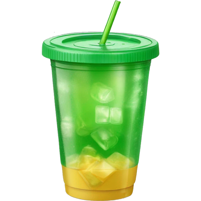 Realistic plastic cup and lid with green soda and large ice cubes inside and straw through the top of the lid. emoji