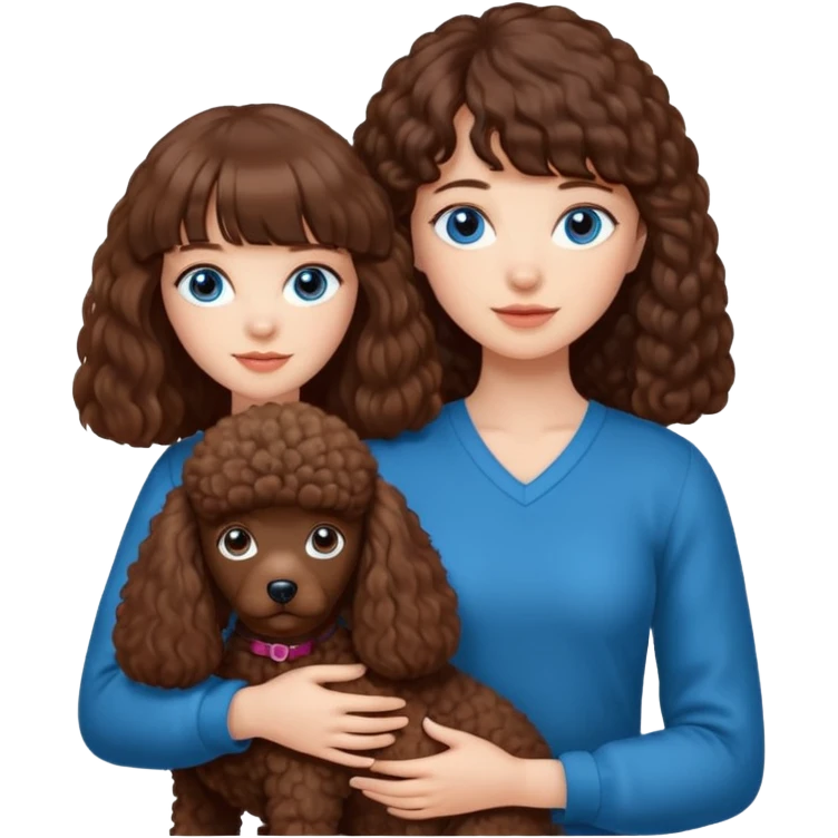 Kobieta w białej koszuli, z długimi brązowymi włosami z grzywką i niebieskimi oczami trzyma na rękach jednokolorowego, brązowego pudla. emoji