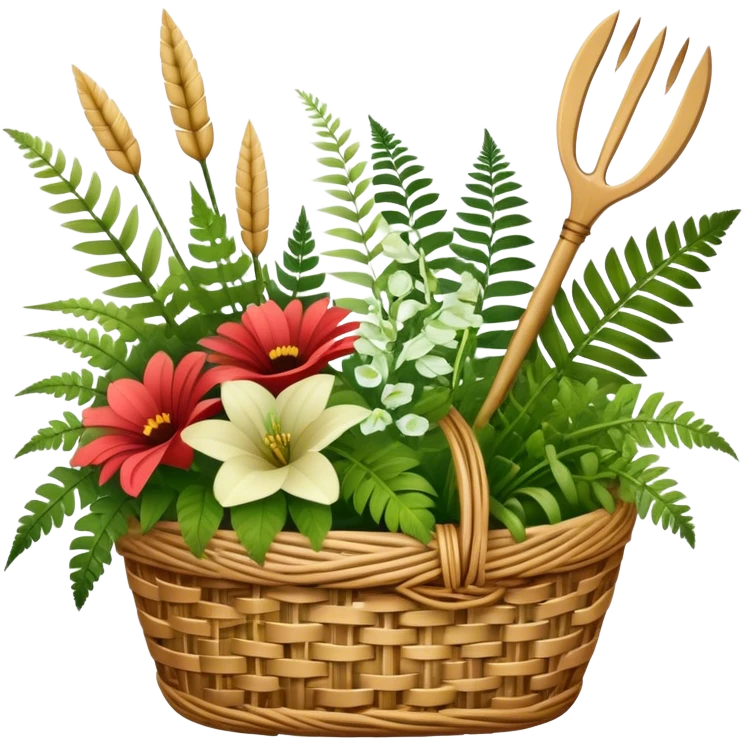 Emoji for Floristry: a bouquet of flowers in a woven basket, with reeds, ferns and floral arranging tools nearby, like scissors and a flower stem. The icon should represent creativity in flower design and arranging. Transparent background. emoji