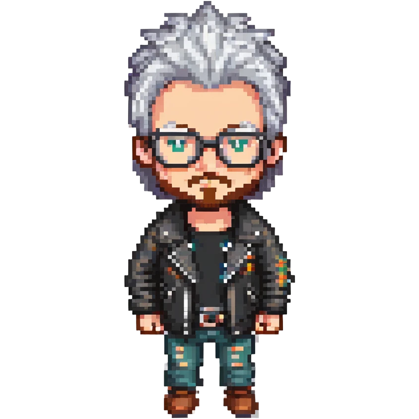 cool cartoon character with spiky gray hair, glasses, beard, black leather jacket, blocky video game avatar style emoji
