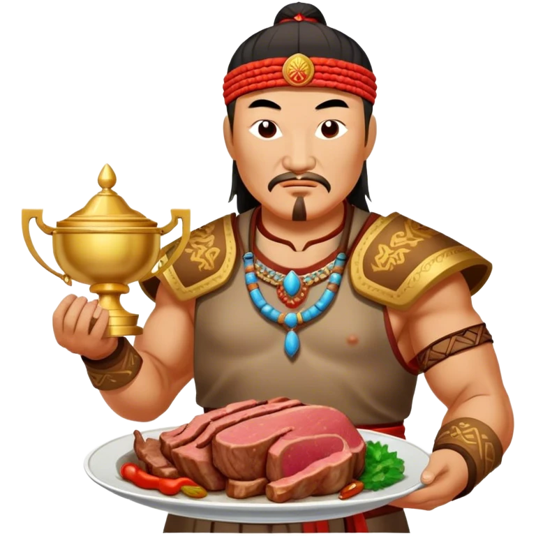 genghis khan holds a cooket meat on a dish on his right hand and holds a trophy on his left hand emoji
