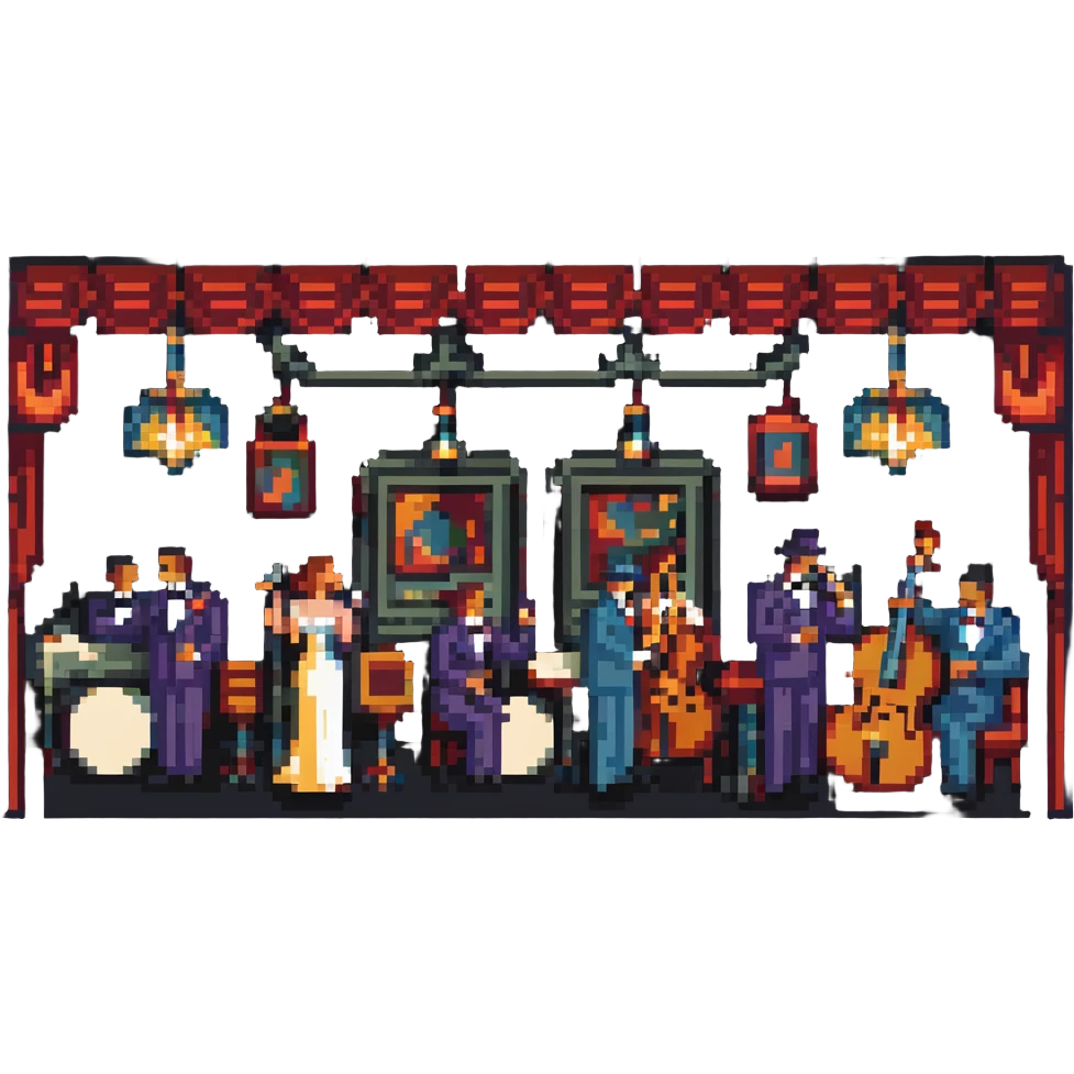 1940s jazz nightclub scene, pixel art style, no text emoji