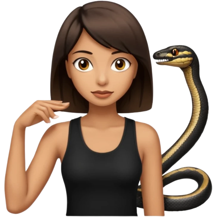Femme brune yeux marron avec une coupe carré noir qui descend sur l'épaule , femme couleur de peau typé, avec un cobra a côté , débardeur noir emoji