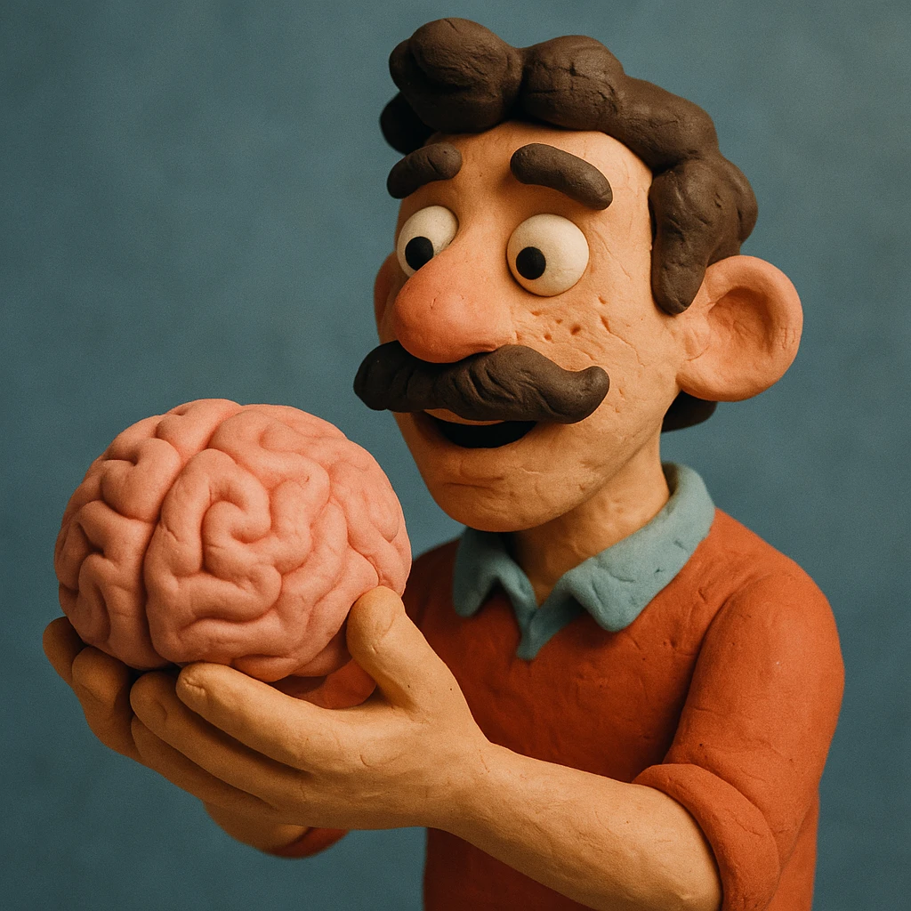 Enhance the claymation man holding a brain by adding more depth and dimension to the image. Make him more attractive and quirky, inspired by the first version, with dark curly hair, thick mustache, light skin, freckles, more movement, claymation style, visible fingerprints, and pastel colors. emoji