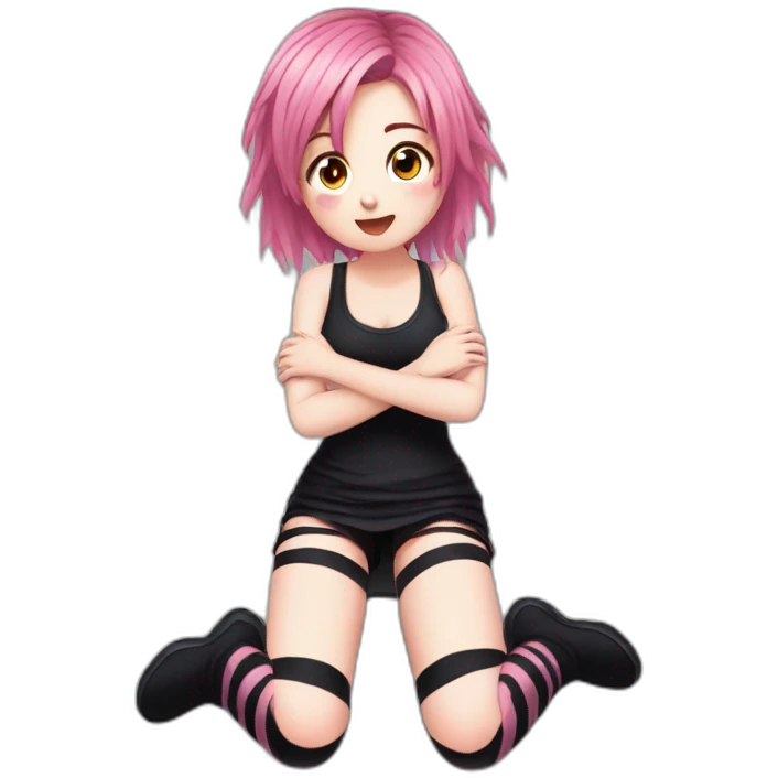Front view curvy emo girl pink hair sits on the floor straight view hands up black skirt striped torn stockings emoji