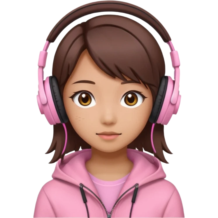 a japanese girl with brown layered cut hair. she has dark brown eyes, and has a cute super light pink gaming headphones emoji