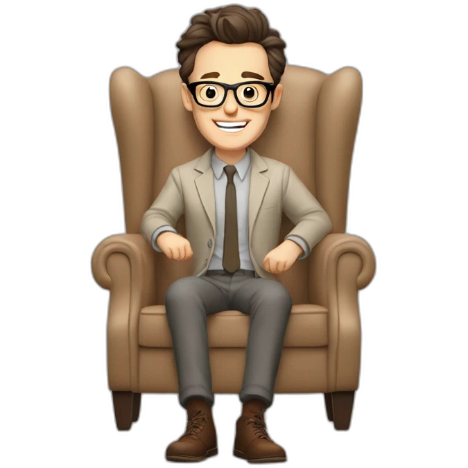 Joyful thrumbs up Pale skinned Fit Man With dark brown hair in gray jacket, beige office shirt, Brown pants and vintage glasses sitting In a soft chair emoji