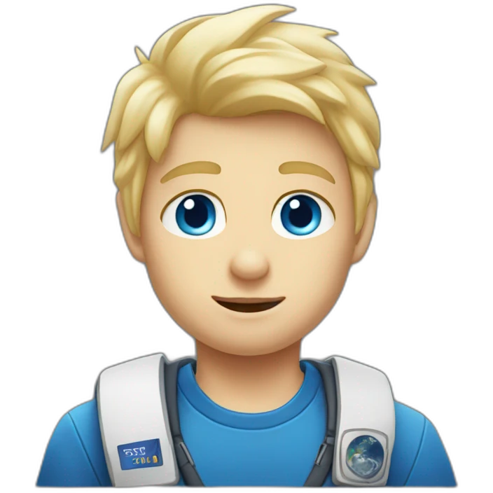 Blond boy with blue eyes wearing a spacex tshirt emoji
