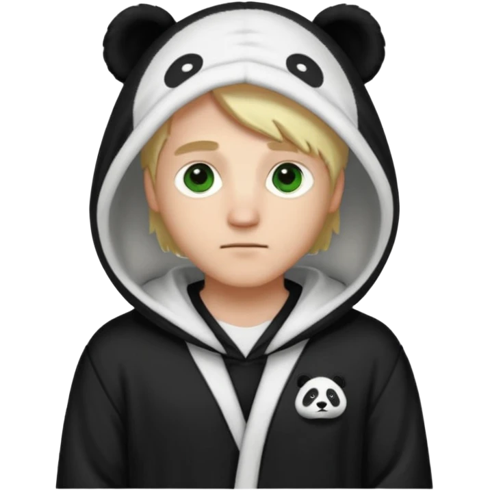 A white man with green eyes, medium-length blond hair, wearing a panda hoodie and black pajama-like robes. emoji