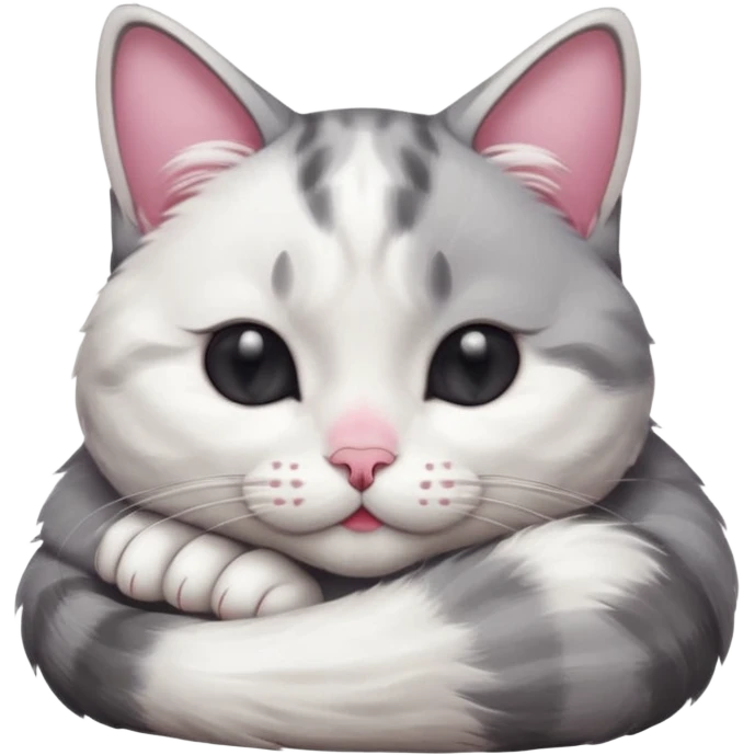 grey and white small cat with its eyes closed lying down with its head resting own paw emoji