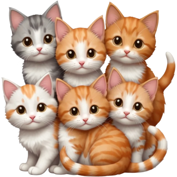 6 tiny kittens cuddling together all different colours, the first one is grey and white, the second is ginger and white and the third is brown tabby and white emoji